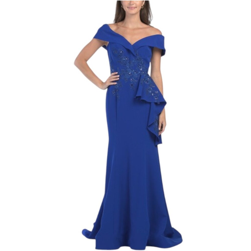 TERANI Off The Shoulder Floral Applique Gown